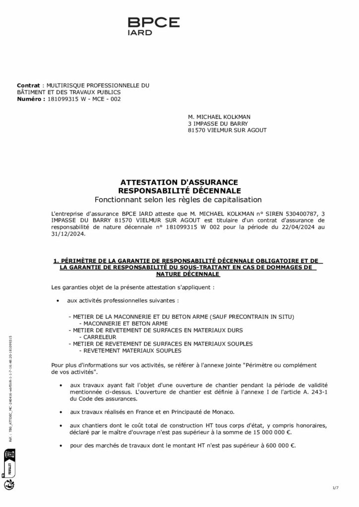 attestation décennale Attestation d'assurance responsabilité décennale en maçonnerie